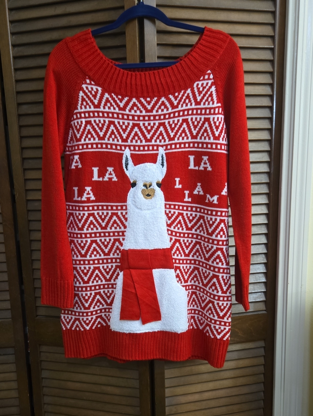 Holiday Time Red Llama Crewneck Sweater with White Accent